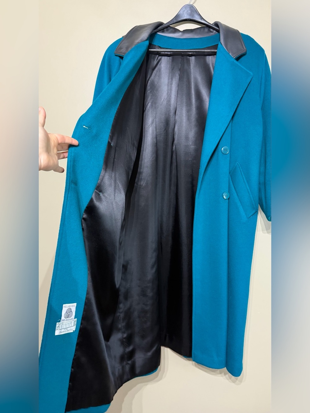 Vintage 1980’s Braemar Petites 100% Virgin Wool Teal Faux Leather Power Trench - Picture 5 of 9